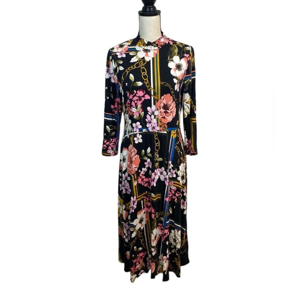 ModX Viscose Knit Mock Neck Midi Dress Geometric Cherry Blossom Size Large